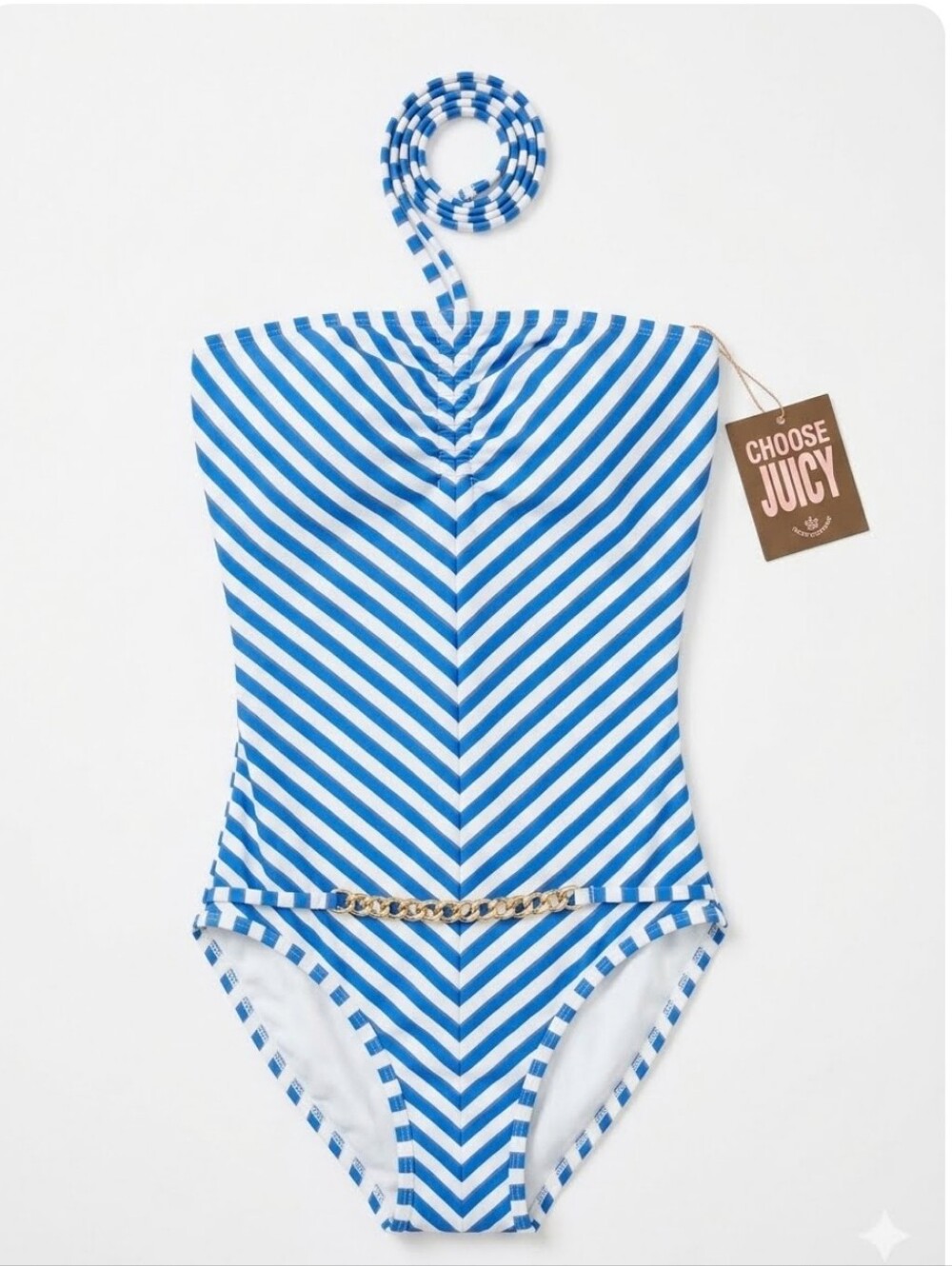 NWT Juicy Couture One Piece Blue & White Gold Tone Chain Halter Neck Swimsuit - Picture 2 of 16